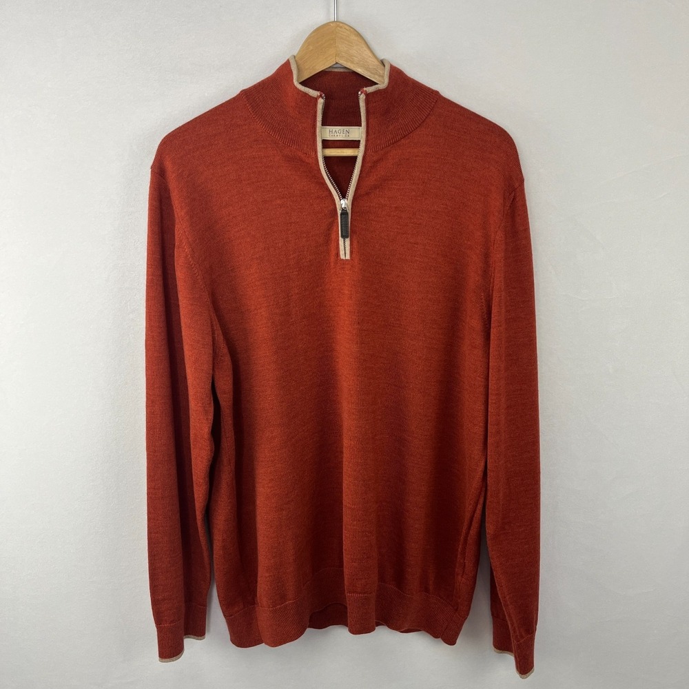 Hagen Carmel Sweater Mens XL Brown Rust Red 1/4 Quarter Zip Merino Wool Italy - Picture 2 of 13
